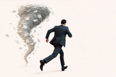 A man runs away from a tornado of papers. Space for textの素材