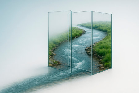 A river divided by glass panels. Space for textの素材