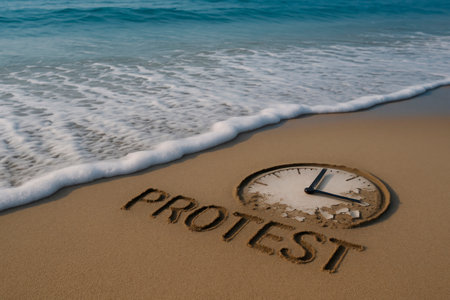 The inscription PROTEST on the sand with a clock and a wave. Space for textの素材
