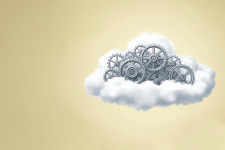 A cloud filled with metal gears. Space for textの素材