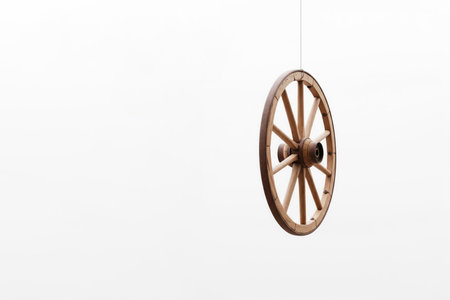 A wooden wheel hangs on a thread in the air. Space for textの素材