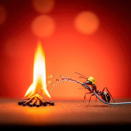 A firefighting ant extinguishes flames with a hoseの素材