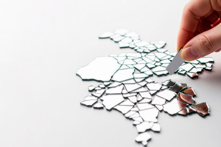 They try to put the broken mirror into a map. Space for textの素材