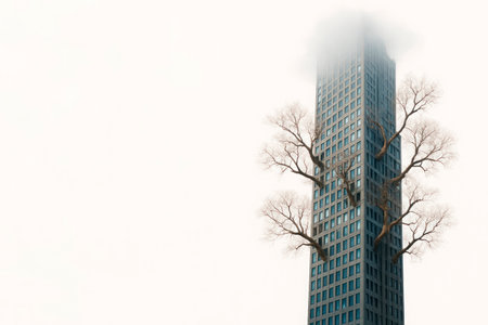 The tree grows through the skyscraper, symbolizing nature in the city. Space for textの素材