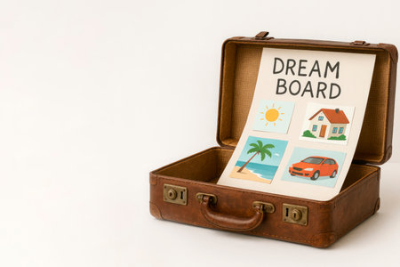 A suitcase with a wishboard and dreams of the future. Space for textの素材