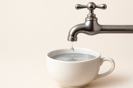 A drop of water from the tap in a mug, a symbol of a resource. Space for textの素材