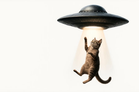 A cat that is kidnapped by a flying saucer. Space for textの素材