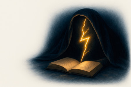 Lightning bursting out of a book under a dark veil. Space for textの素材