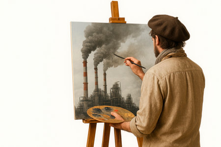 The artist paints pollution and industry. Space for textの素材