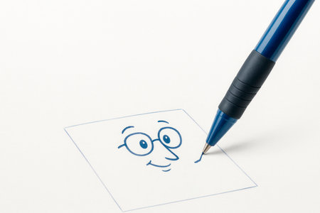 A blue pen draws a smiling face with glasses. Space for textの素材