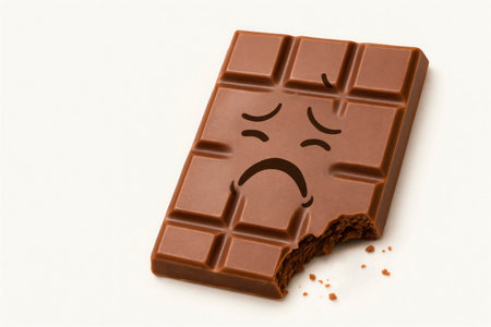 Bitten chocolate bar with a sad face. Space for textの素材