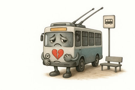 A sad trolleybus with a broken heart. Space for textの素材