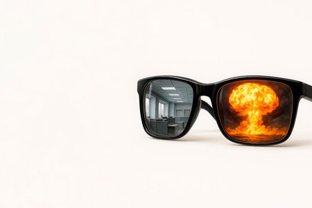 Glasses with the reflection of the office and a nuclear explosion. Space for textの素材
