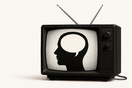 An old TV with a silhouette of a head and a speech bubble. Space for textの素材