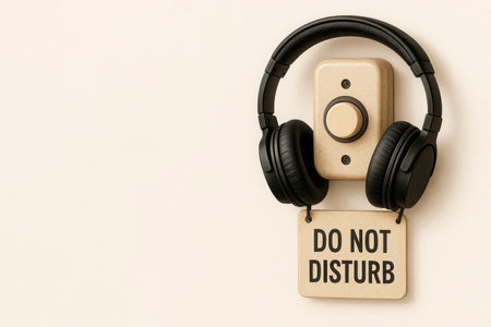 Headphones on the doorbell with Do Not Disturb sign. Space for textの素材