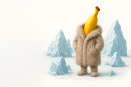 A banana in a fur coat among the icy mountains. Space for textの素材