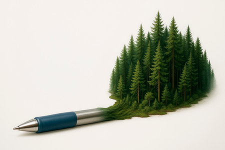 A ballpoint pen turning into a dense forest. Space for textの素材