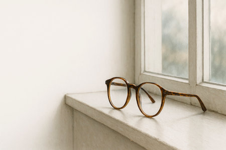 Glasses on the windowsill with a view from the window. Space for textの素材