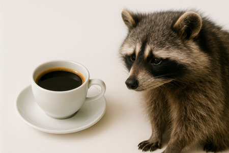 A raccoon sits next to a cup of coffeeの素材