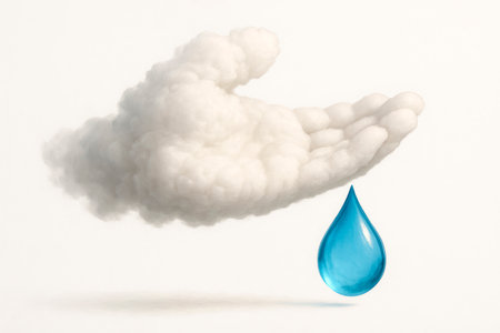A cloud in the shape of a hand carefully holds a drop of waterの素材