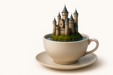 A castle on an island inside a tea cup. Space for textの素材