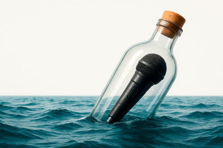 A microphone in a bottle drifting in the ocean. Space for textの素材