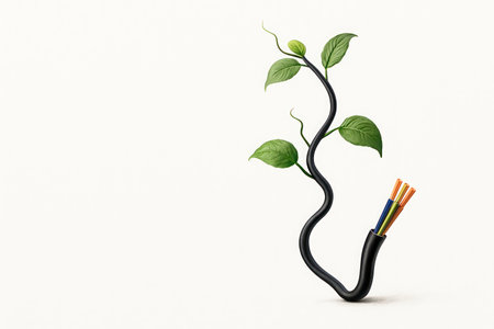 A green plant grows from an electric cable. Space for textの素材