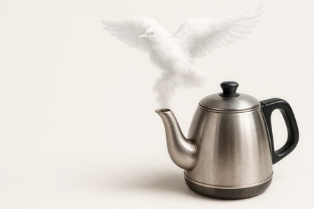 A kettle from which steam flies out in the form of a pigeon. Space for textの素材
