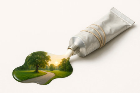 A tube from which the landscape flows. Space for textの素材