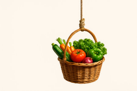 Wicker basket with vegetables on a string. Space for textの素材