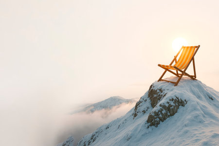 Beach lounger on top of a snow-capped mountain. Space for textの素材