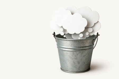 Metal bucket with white clouds and bubbles on a light background. Space for textの素材