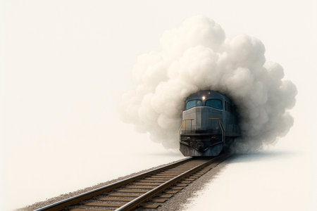 The train pulls out of a cloud of smoke against a light backgroundの素材