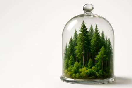 Coniferous forest under a glass bell on a light background. Space for textの素材