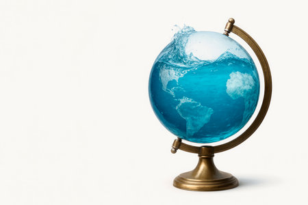A globe filled with water, with splashes. Space for textの素材