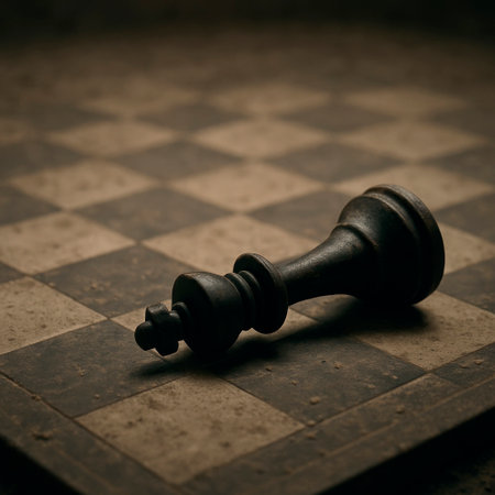 A fallen chess piece on an old boardの素材