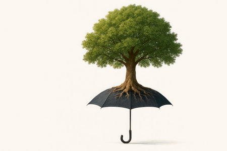 A green tree growing from a black umbrella. Space for textの素材
