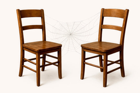 Two chairs with cobwebs between them on a light backgroundの素材
