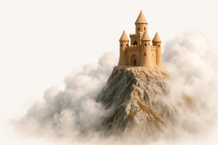 A castle on top of a cliff in the clouds. Space for textの素材
