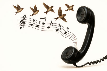 A telephone handset with sheet music and singing birdsの素材