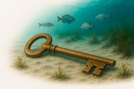 A key lying on the seabed among the fishの素材