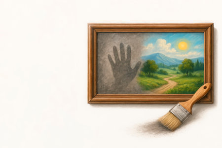 The painting is cleaned with a brush from dust, a landscape appears. Space for textの素材