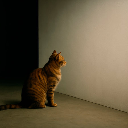 The cat sits in the dark, looking at the light. Space for textの素材