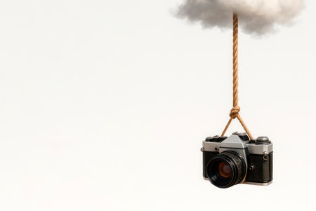 A camera suspended from a cloud on a rope. Space for textの素材