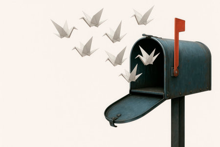 Paper cranes fly out of the mailbox. Space for textの素材