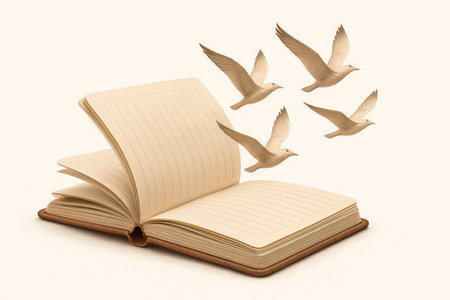 A notebook from which birds fly out. Space for textの素材