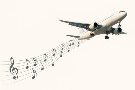 An airplane that leaves a trail of notes in its wakeの素材