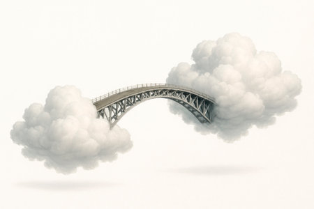 A bridge connecting two clouds in the skyの素材