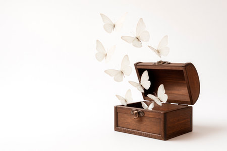 White butterflies fly out of a wooden box. Space for textの素材