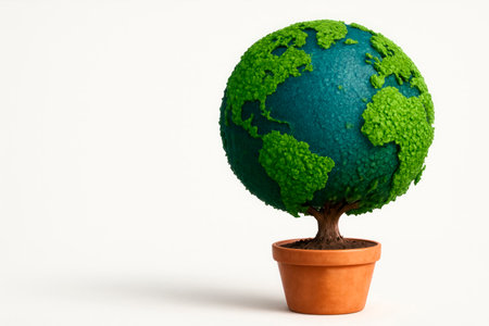 Globe in the form of a tree in a pot on a white background. Space for textの素材